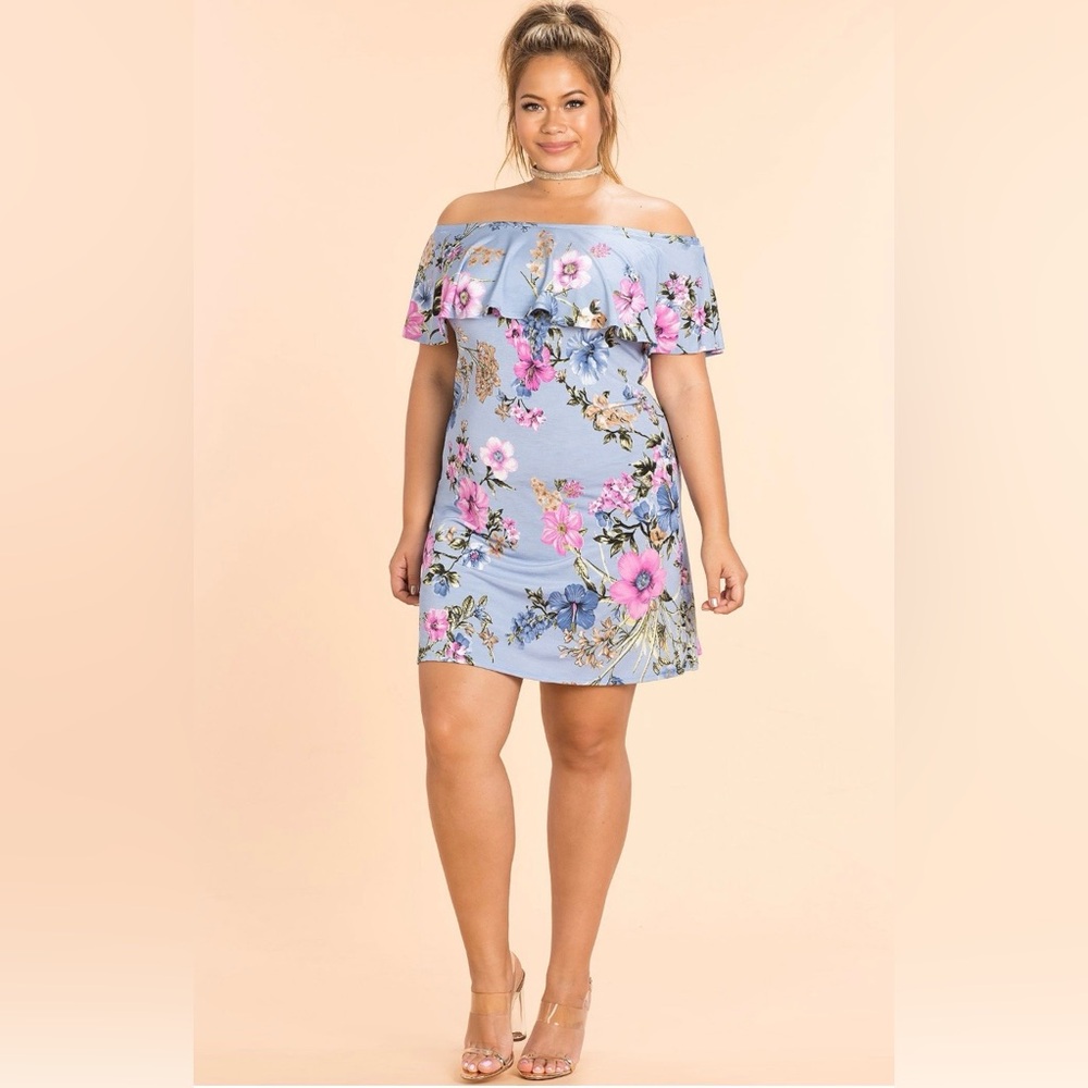 Blue Floral Off-Shoulder Dress